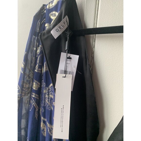 Anthropology DELFI Collective Navy and Silver Print Gown Long Dress Pure Silk L - Picture 7 of 9